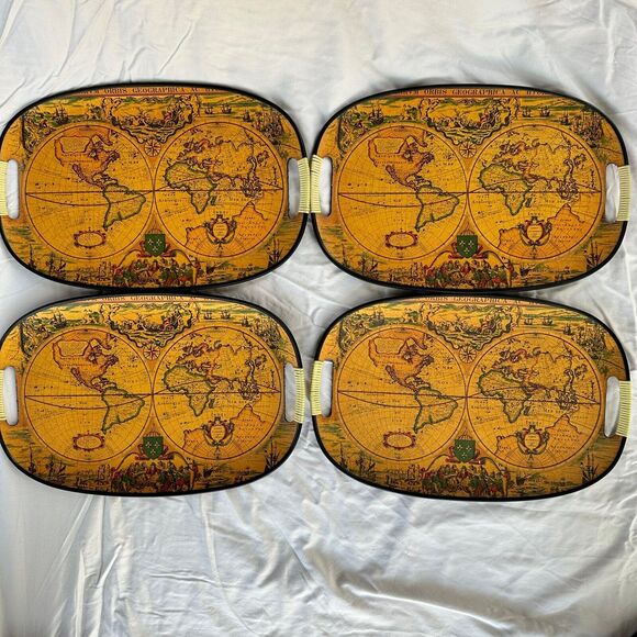 Set Of 4 VTG MCM Old World Map Globe Serving Tray M.B. Daniels & Co. New York - Picture 1 of 11